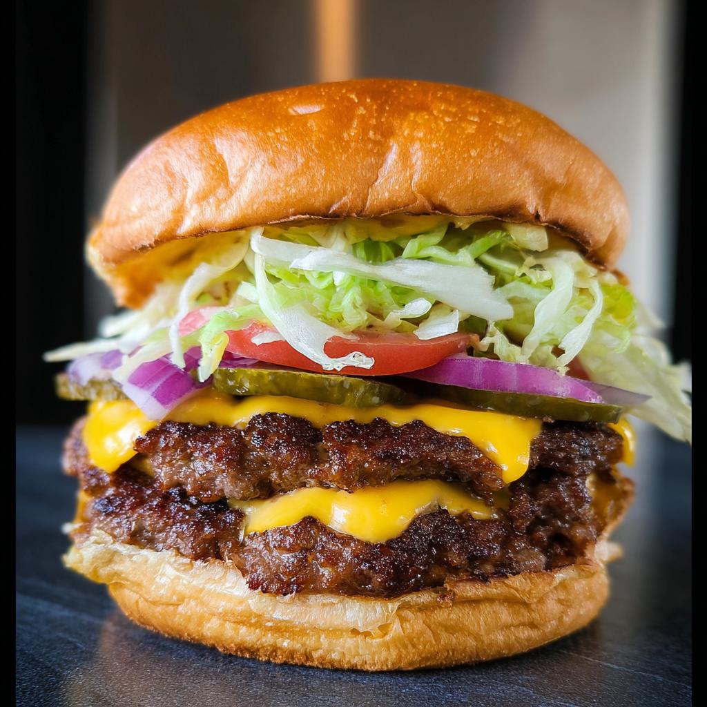 A tall double cheeseburger featuring two crispy Juicy Smash Burger Patties, melted cheese, pickles, onions, tomato, and shredded lettuce on a brioche bun.