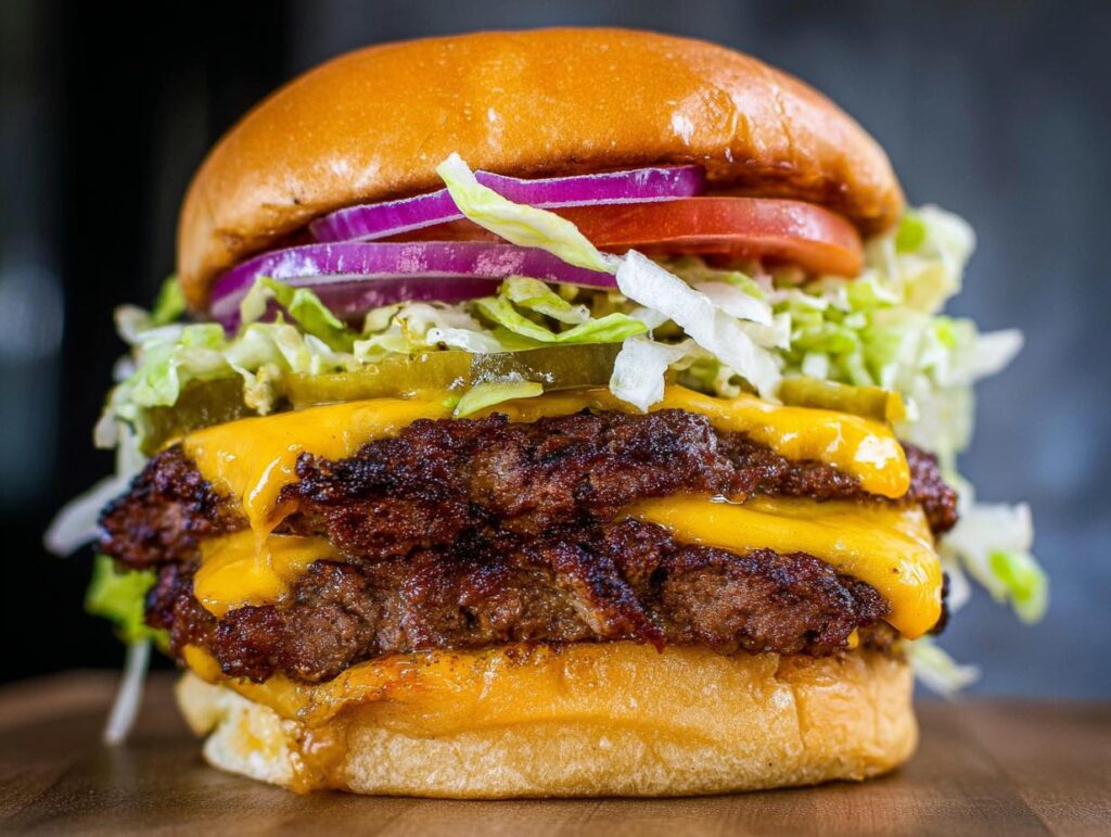 A towering double cheeseburger featuring perfectly seared Juicy Smash Burger Patties topped with melted cheese, lettuce, pickles, onion, and tomato.