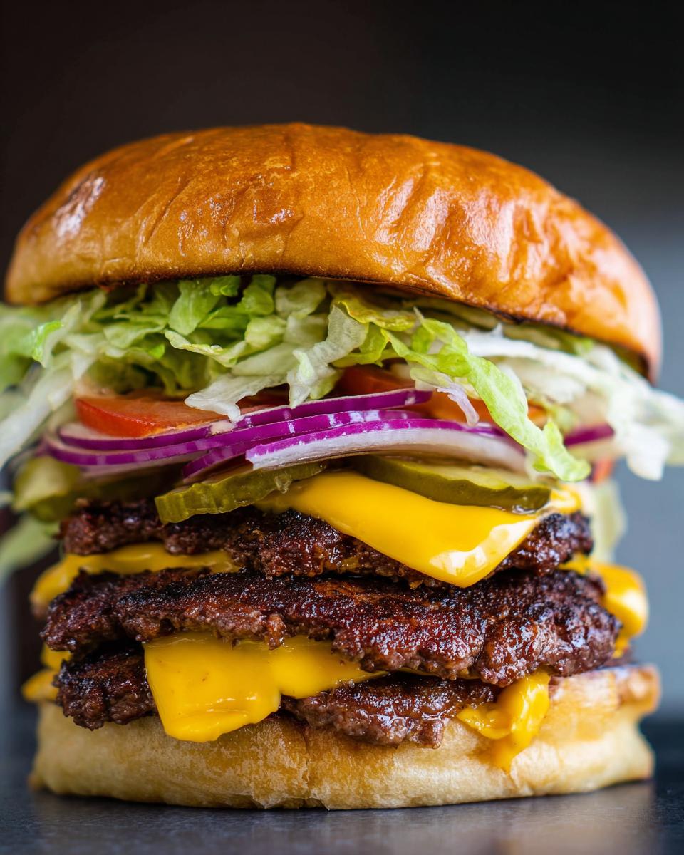 Close-up of a tall double cheeseburger featuring two perfectly seared Juicy Smash Burger Patties, melted cheese, onion, lettuce, and pickles.