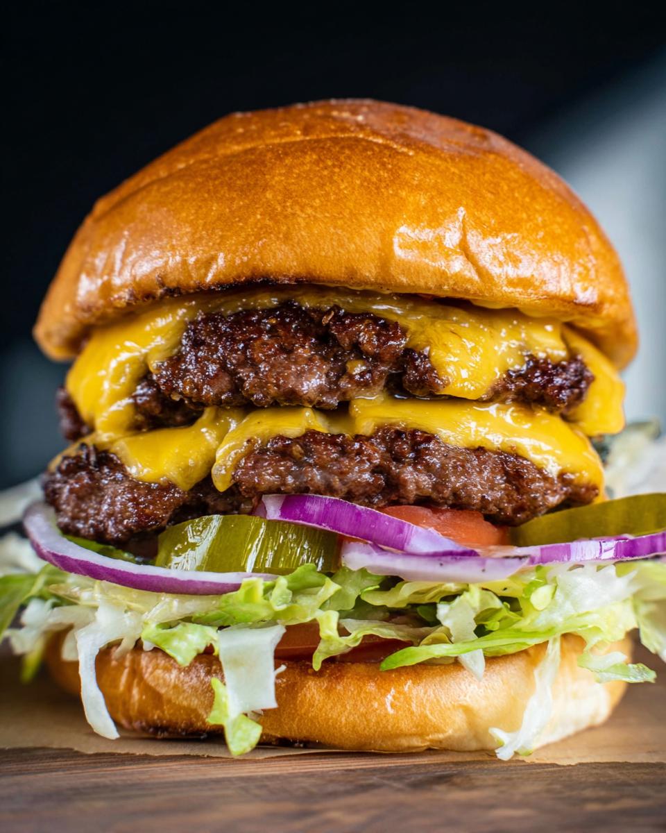 A tall, double cheeseburger featuring two perfectly seared Juicy Smash Burger Patties, melted cheese, lettuce, onion, and pickles.
