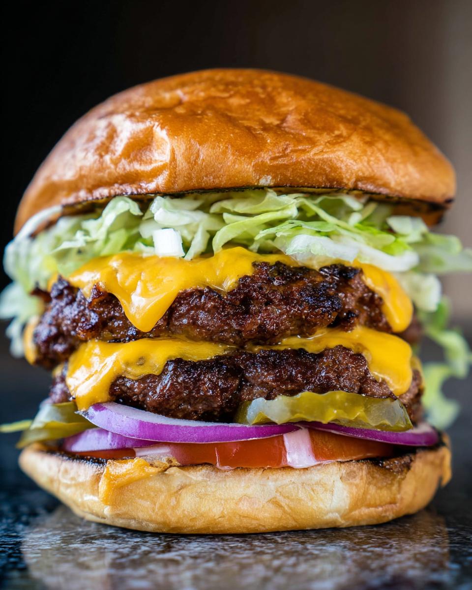 Close-up of a towering double cheeseburger featuring two perfectly seared Juicy Smash Burger Patties, melted cheese, lettuce, onion, and pickles.
