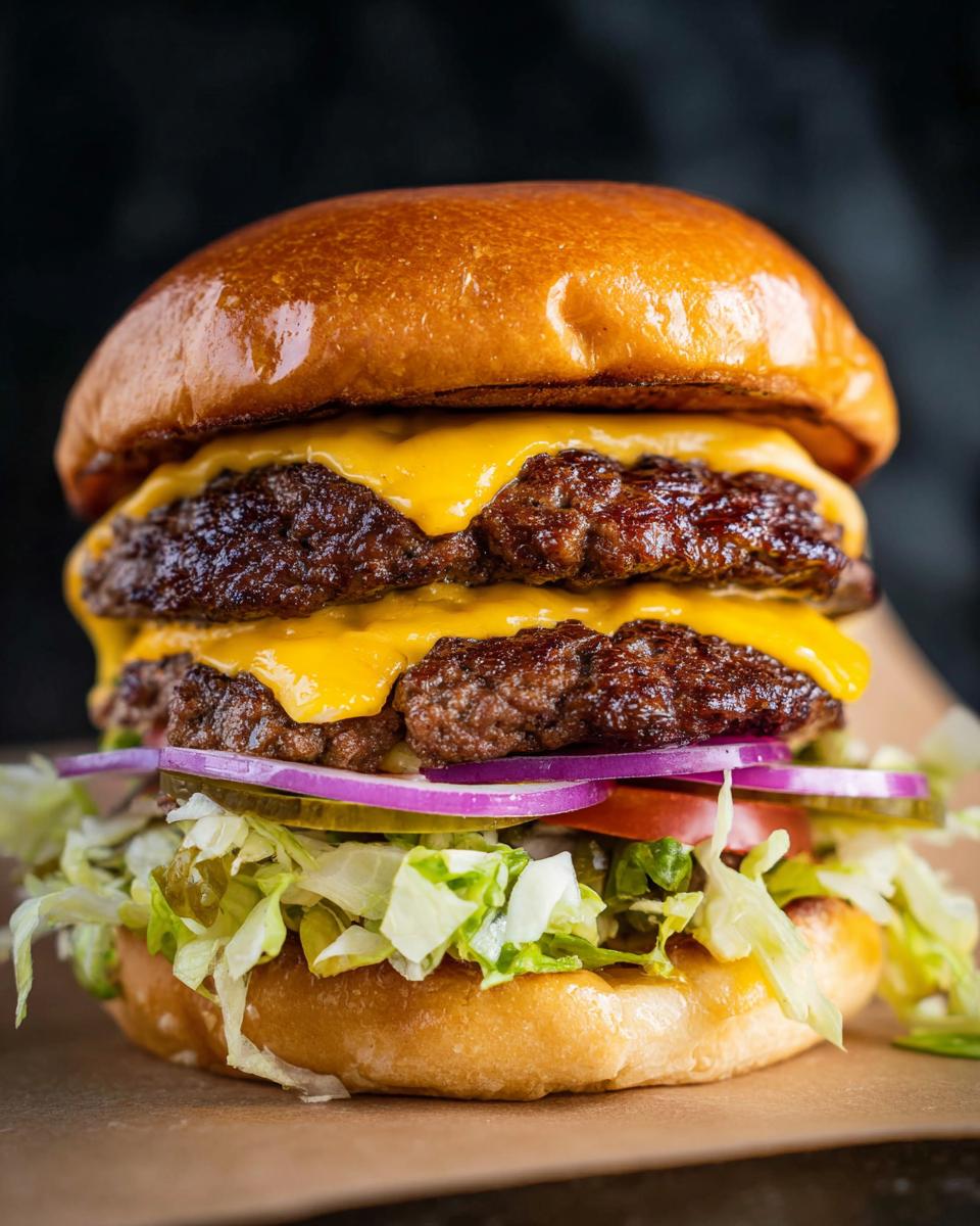 A tall, double cheeseburger featuring two perfectly seared Juicy Smash Burger Patties, melted cheese, lettuce, onion, and pickles on a brioche bun.