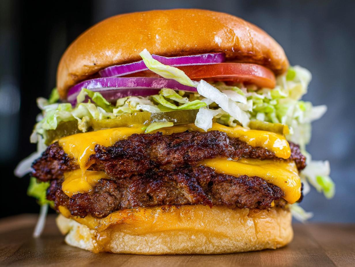 A towering double cheeseburger featuring perfectly seared Juicy Smash Burger Patties topped with melted cheese, lettuce, pickles, onion, and tomato.