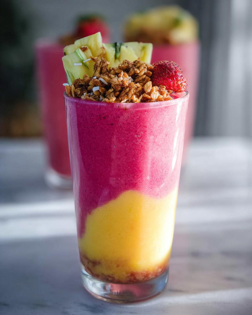 Close-up of a layered breakfast smoothie with yellow and pink layers, topped with granola, pineapple, and a strawberry.