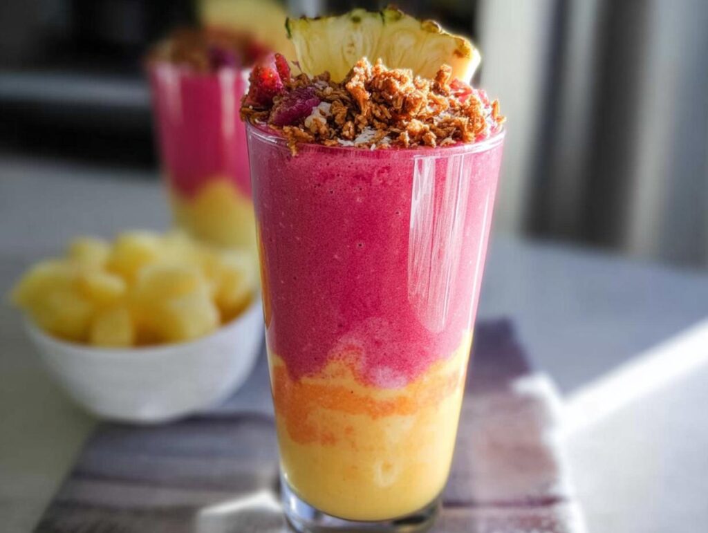 Close-up of a layered, vibrant breakfast smoothie topped with granola, pineapple, and berries.