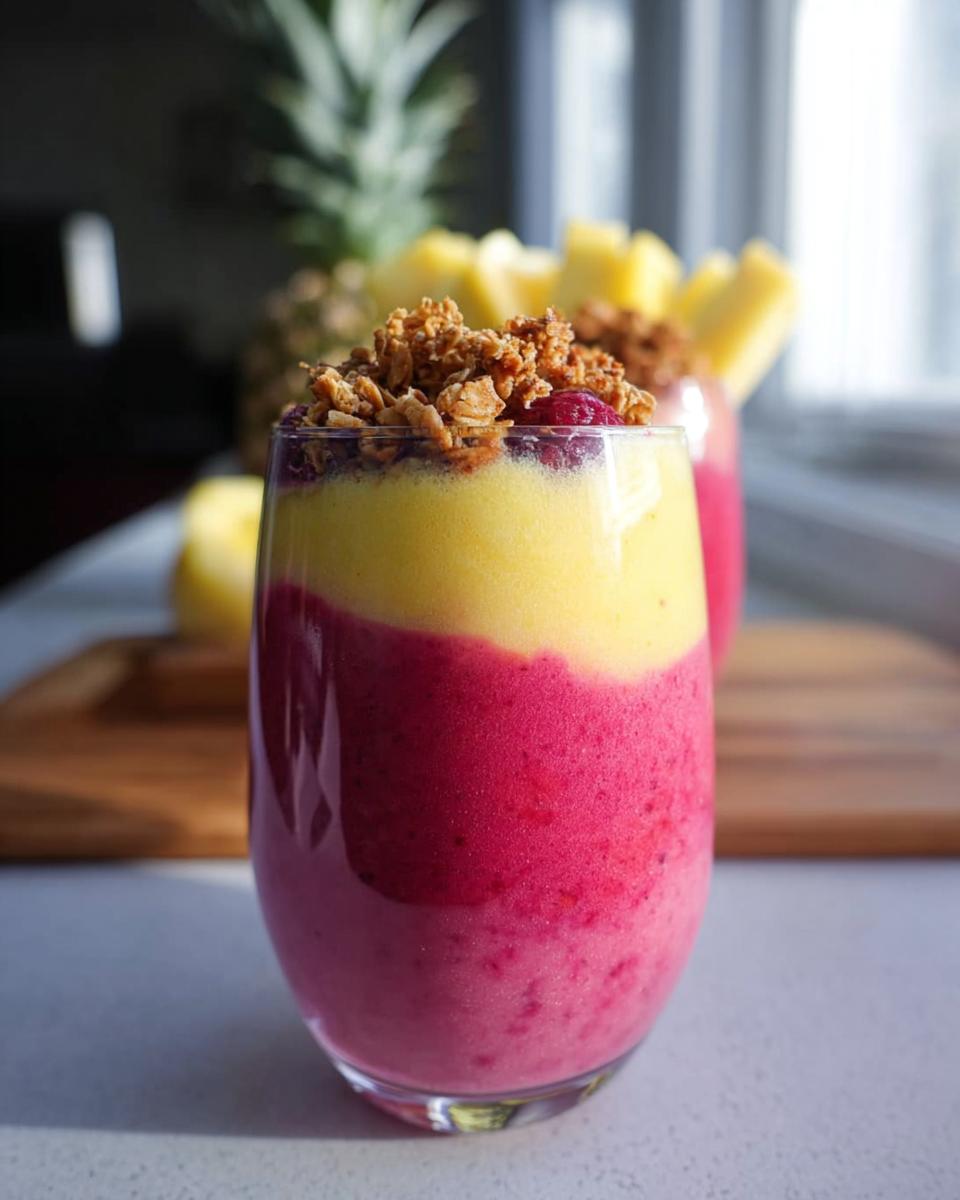 Close-up of a vibrant, layered breakfast smoothie with pink and yellow layers, topped with granola and berries.