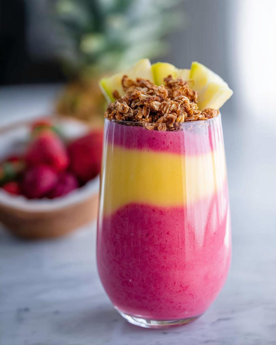 Close-up of a layered breakfast smoothie recipe featuring pink and yellow layers, topped with granola and pineapple slices.