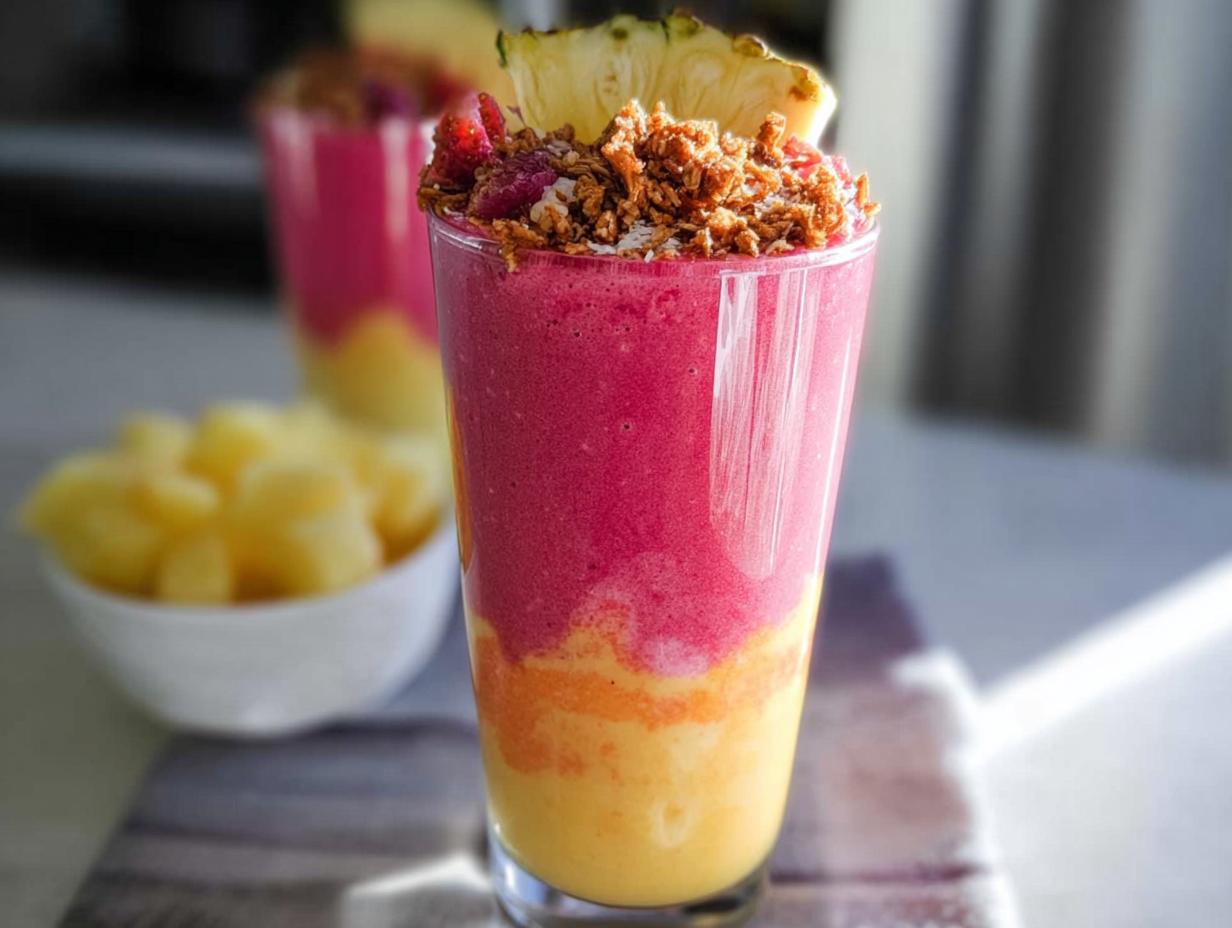 Close-up of a layered, vibrant breakfast smoothie topped with granola, pineapple, and berries.