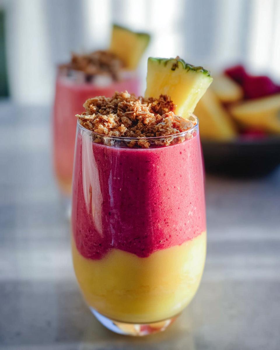 Close-up of a layered breakfast smoothie recipe with yellow and magenta layers, topped with granola and a pineapple slice.