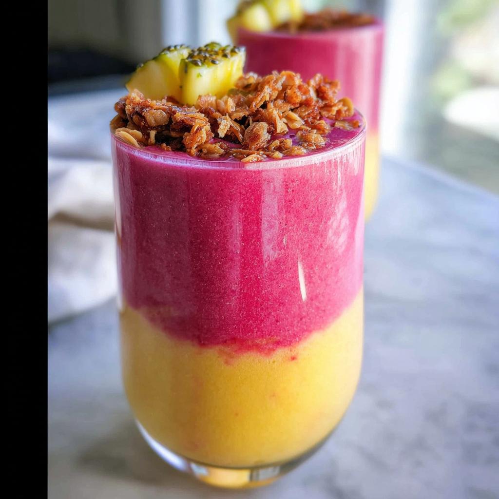 Close-up of a vibrant two-layered breakfast smoothie topped with granola and pineapple.