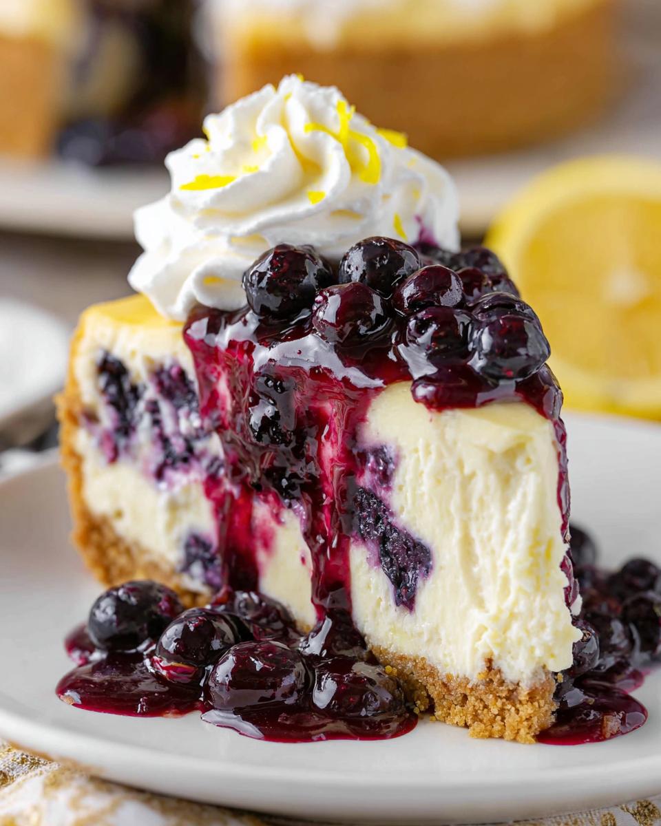 A decadent slice of Lemon Blueberry Cheesecake with Graham Crust topped with blueberry sauce and whipped cream.