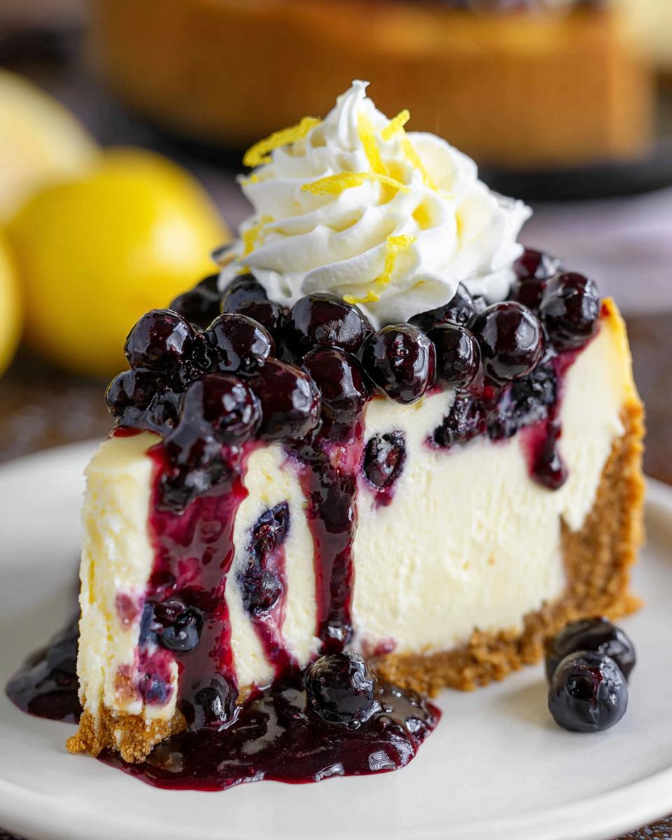 A decadent slice of Lemon Blueberry Cheesecake with Graham Crust, topped with blueberry sauce, whipped cream, and lemon zest.