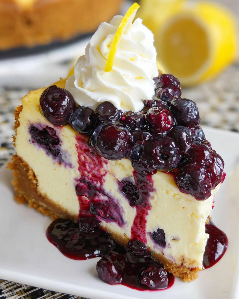 A decadent slice of Lemon Blueberry Cheesecake with Graham Crust topped with blueberry compote and whipped cream.