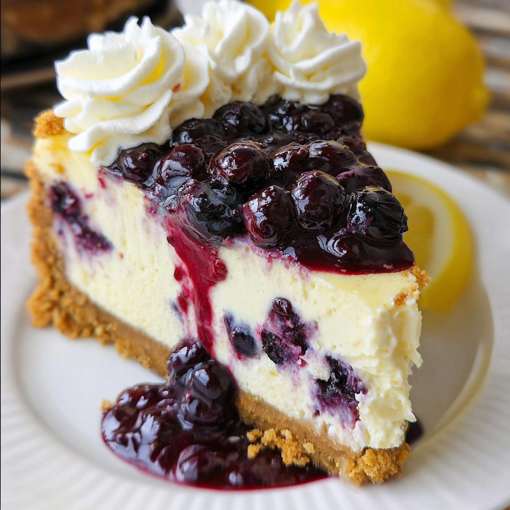 A decadent slice of Lemon Blueberry Cheesecake with Graham Crust, topped with blueberry compote and whipped cream.