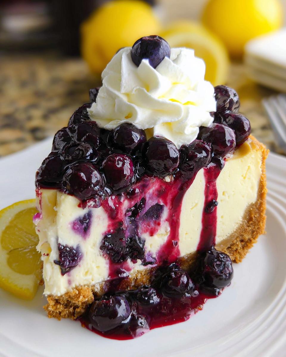 A decadent slice of Lemon Blueberry Cheesecake with Graham Crust, topped with blueberry compote and whipped cream.