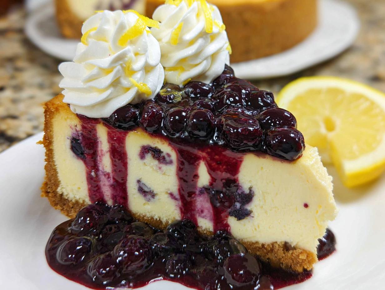 A decadent slice of Lemon Blueberry Cheesecake with graham crust, topped with blueberry sauce and whipped cream.