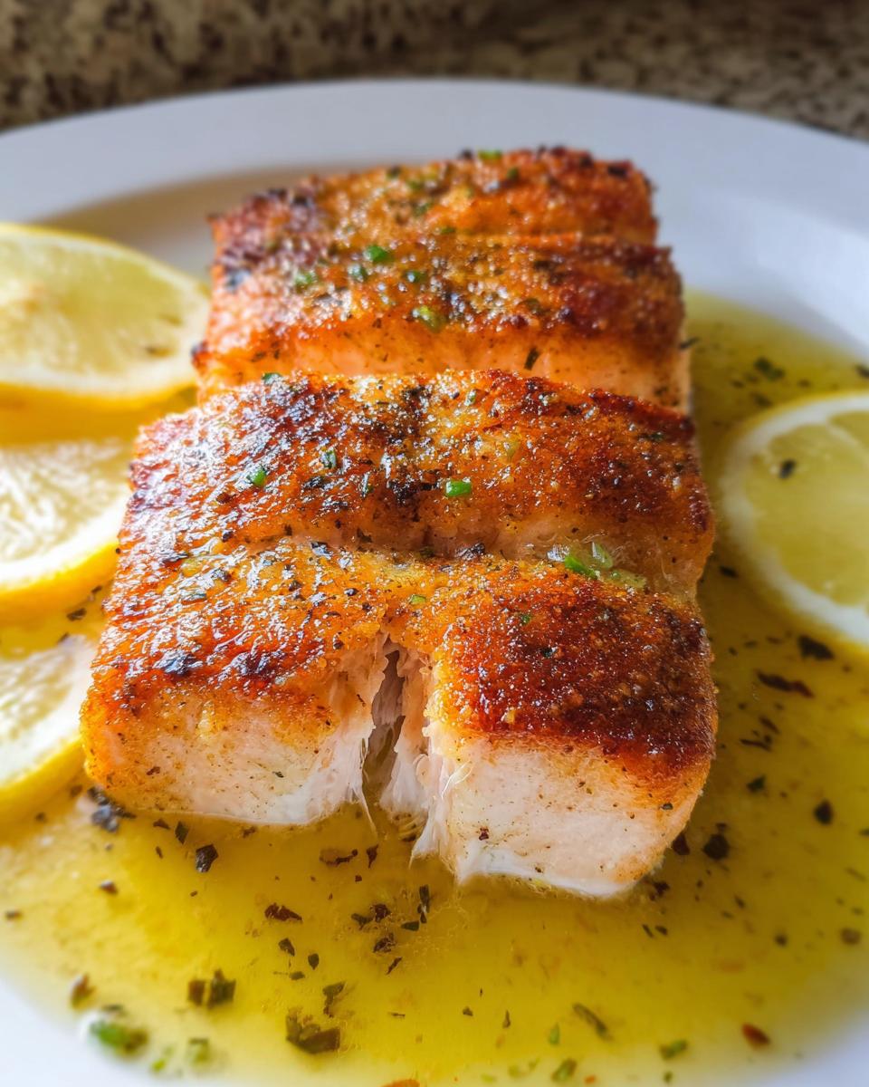 Close-up of perfectly cooked Lemon Butter Pan Seared Salmon fillets resting in lemon butter sauce with lemon slices.