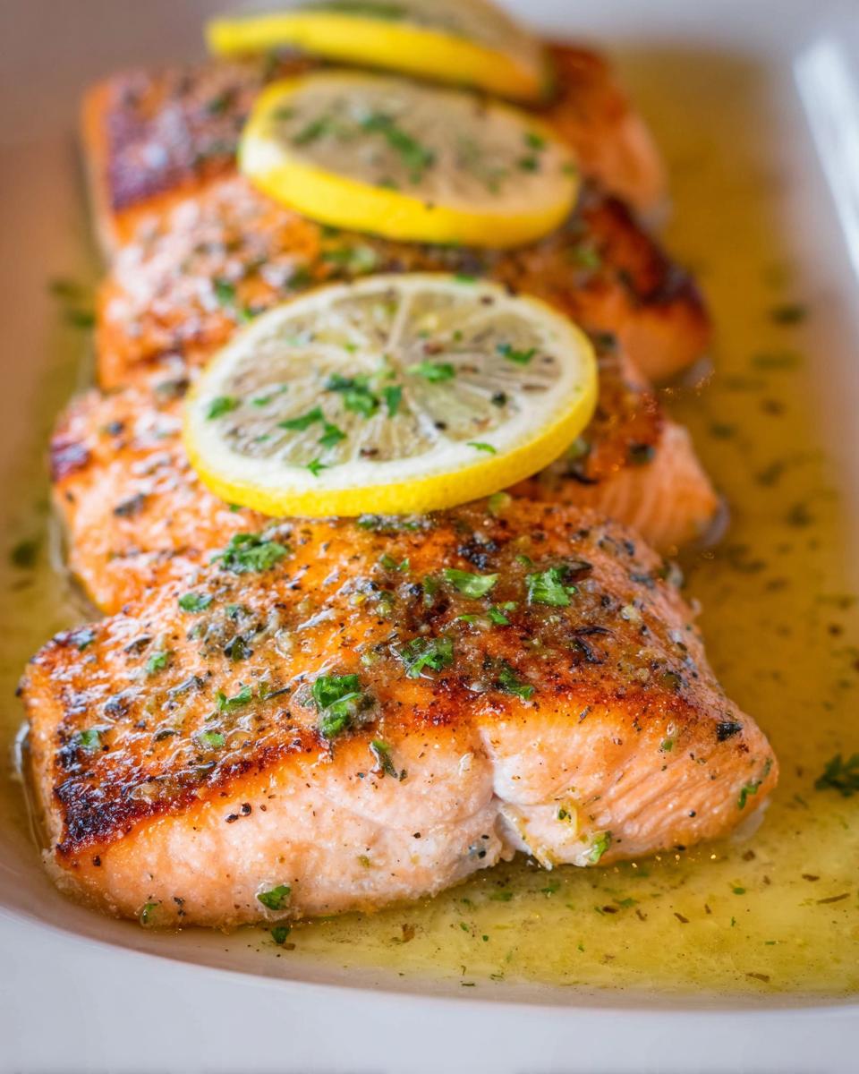 Close-up of perfectly cooked Lemon Butter Pan Seared Salmon fillets topped with fresh lemon slices and parsley.