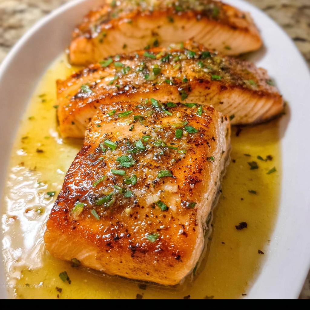 Close-up of three perfectly cooked Lemon Butter Pan Seared Salmon fillets glistening in sauce.