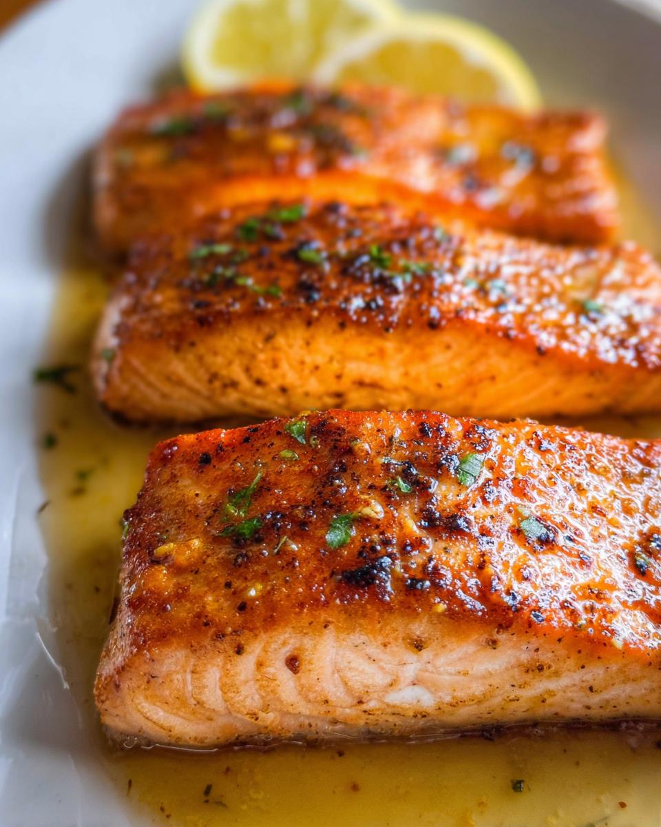 Close-up of three glistening Lemon Butter Pan Seared Salmon fillets resting in sauce, garnished with parsley and lemon slices.