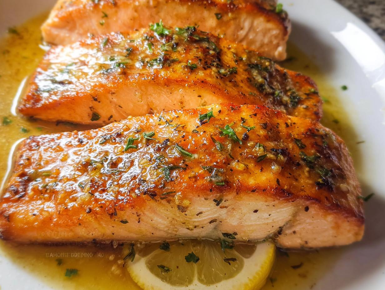 Close-up of three golden-brown Lemon Butter Pan Seared Salmon fillets covered in garlic butter sauce and parsley.