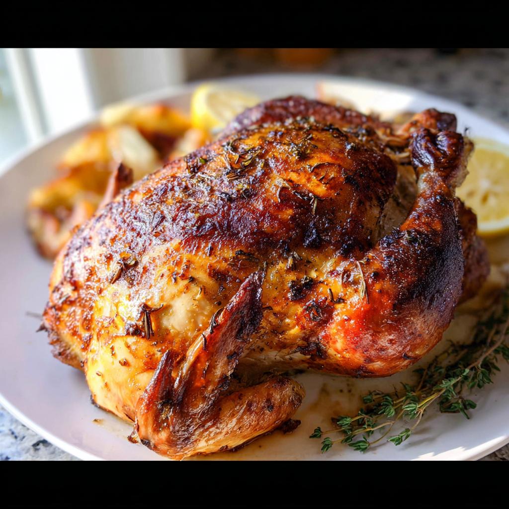 A beautifully browned Lemon Herb Whole Roasted Chicken garnished with fresh thyme and lemon slices.