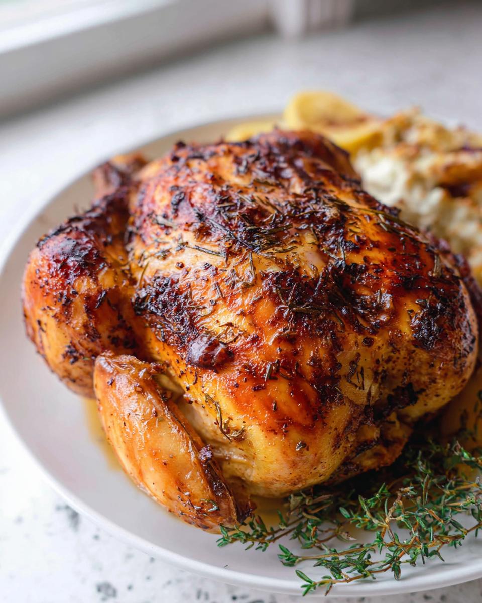 A golden brown Lemon Herb Whole Roasted Chicken, seasoned with herbs, served on a white plate.