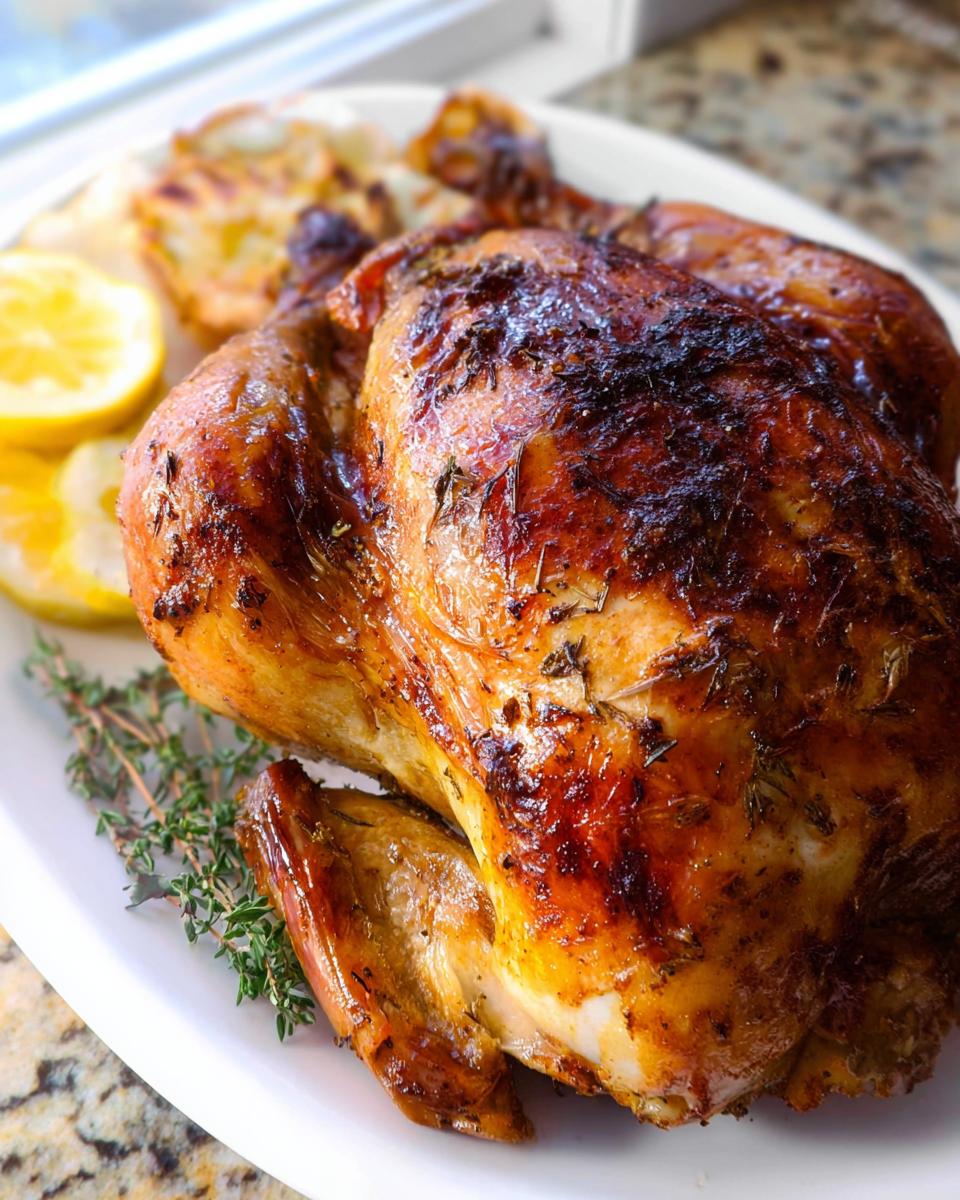 A beautifully browned Lemon Herb Whole Roasted Chicken served on a white platter with lemon slices and fresh thyme.