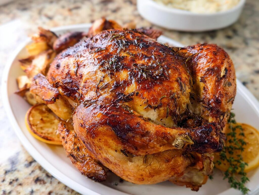 A beautifully browned Lemon Herb Whole Roasted Chicken on a white platter garnished with roasted lemon slices and fresh thyme.