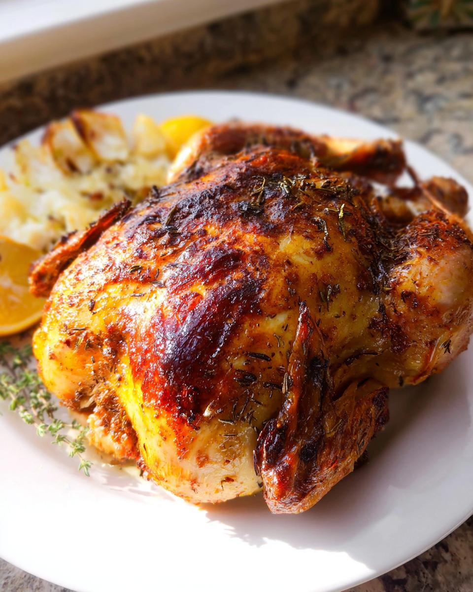 A golden brown, crispy Lemon Herb Whole Roasted Chicken served on a white plate with roasted potatoes.
