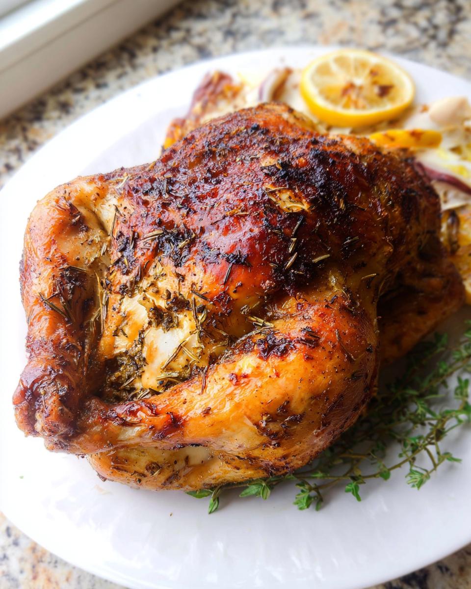 A perfectly cooked Lemon Herb Whole Roasted Chicken with deeply browned, herb-crusted skin, served on a white platter.