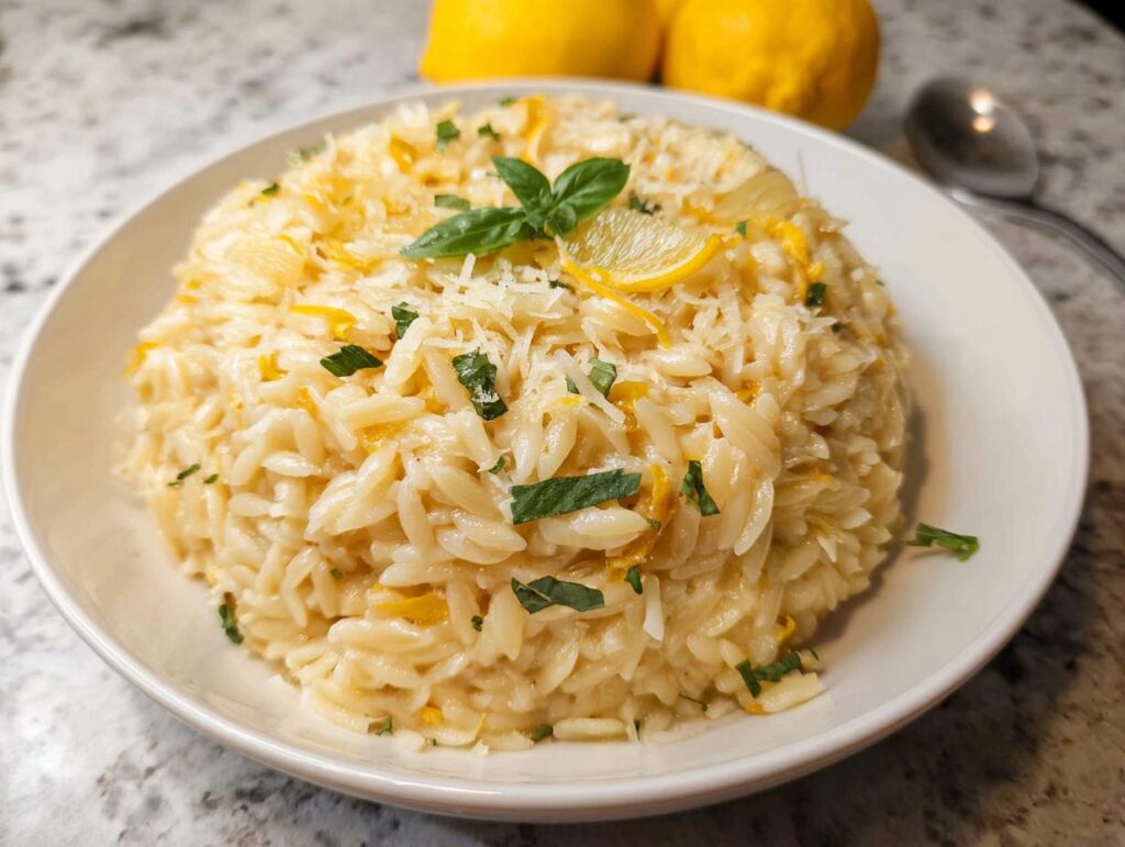 A close-up of creamy Lemon Parmesan Orzo topped with grated cheese, fresh basil, and a lemon slice.