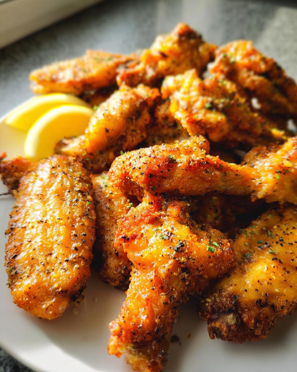 A close-up of crispy, golden Lemon Pepper Butter Chicken Wings seasoned with black pepper and herbs, served with lemon wedges.
