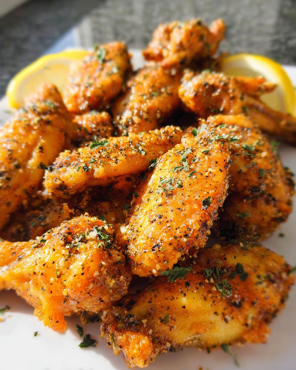 A pile of golden brown Lemon Pepper Butter Chicken Wings, heavily seasoned with pepper and herbs, garnished with lemon slices.