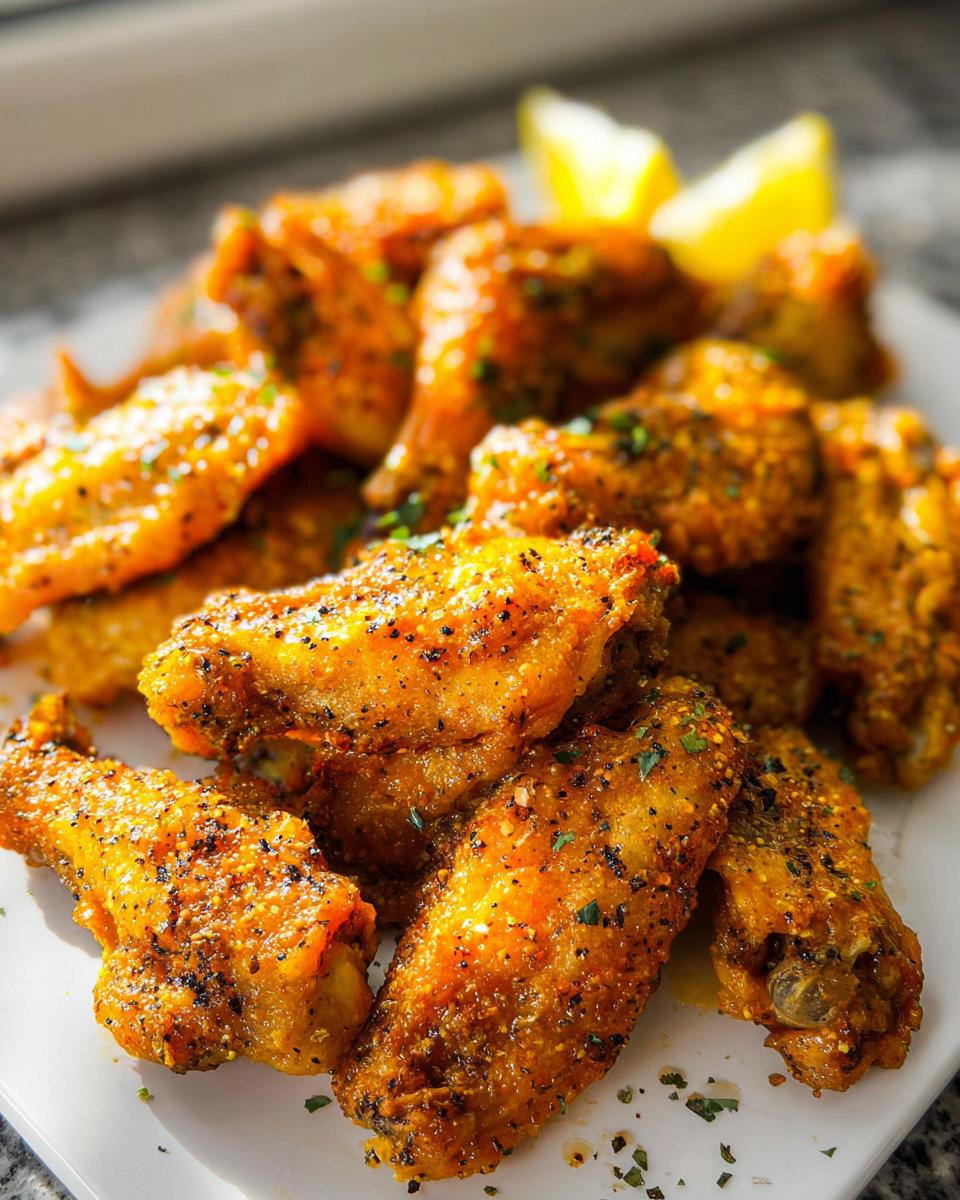 Close-up of golden, crispy Lemon Pepper Butter Chicken Wings seasoned with black pepper and parsley.