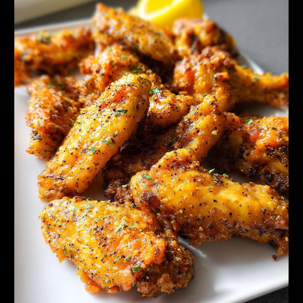 Close-up of crispy Lemon Pepper Butter Chicken Wings coated heavily in black pepper and herbs on a white plate.