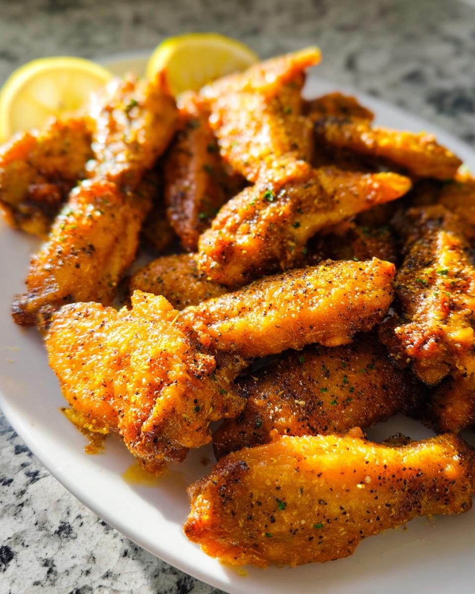 A close-up of golden, crispy Lemon Pepper Butter Chicken Wings seasoned with pepper and herbs, garnished with lemon slices.