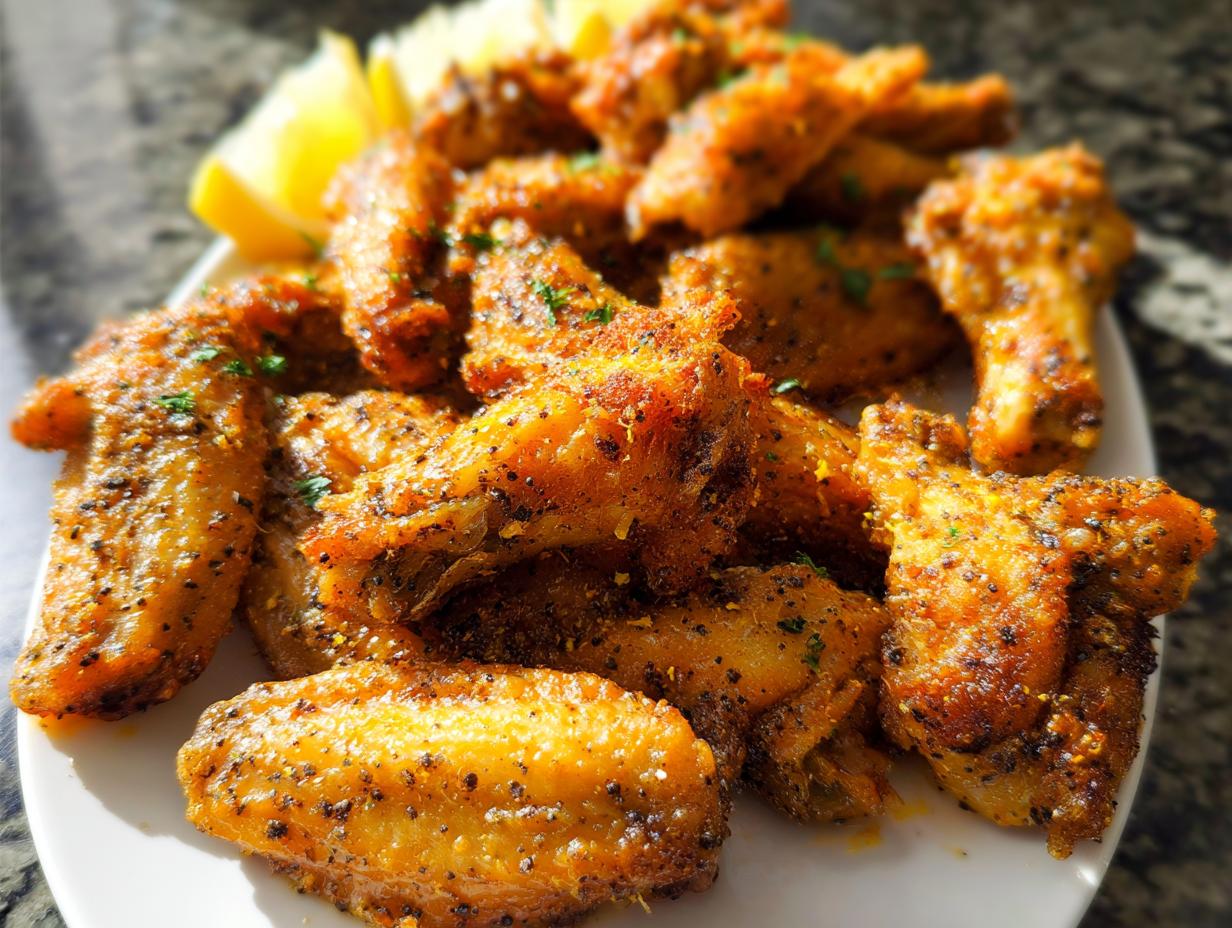 A close-up of golden, crispy Lemon Pepper Butter Chicken Wings piled high on a white plate with lemon wedges.