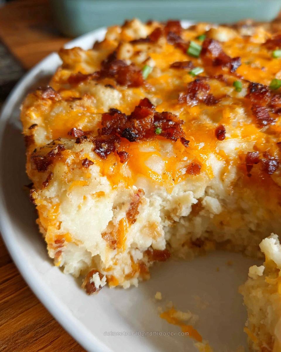 A close-up of a serving of Loaded Baked Potato Casserole topped with melted cheddar cheese and bacon bits.