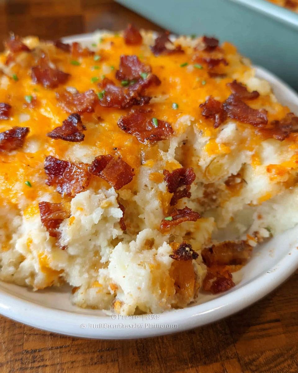 Close-up of a scoop taken from a rich Loaded Baked Potato Casserole topped with melted cheddar cheese and bacon bits.