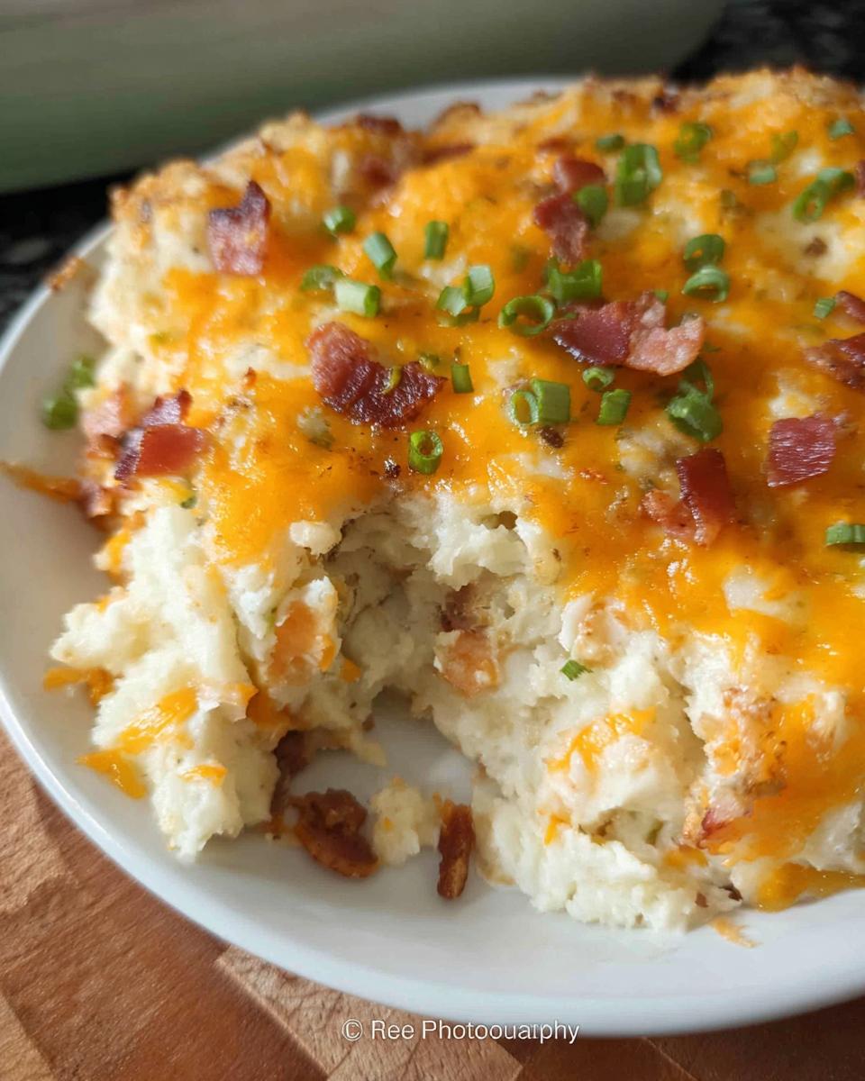 A scoop taken out of a creamy Loaded Baked Potato Casserole topped with melted cheddar cheese, bacon bits, and green onions.