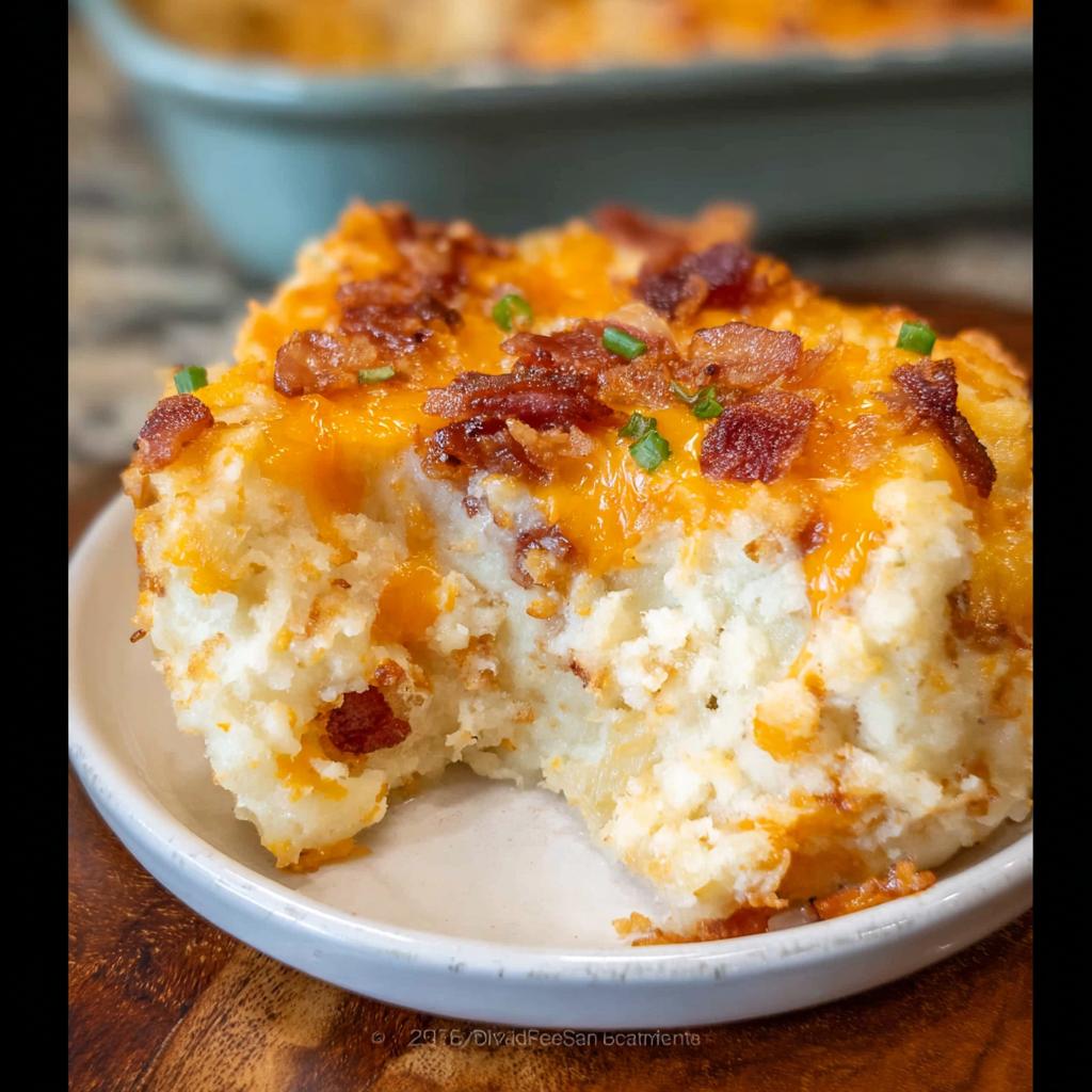 A close-up serving of Loaded Baked Potato Casserole topped with melted cheddar and crispy bacon bits.