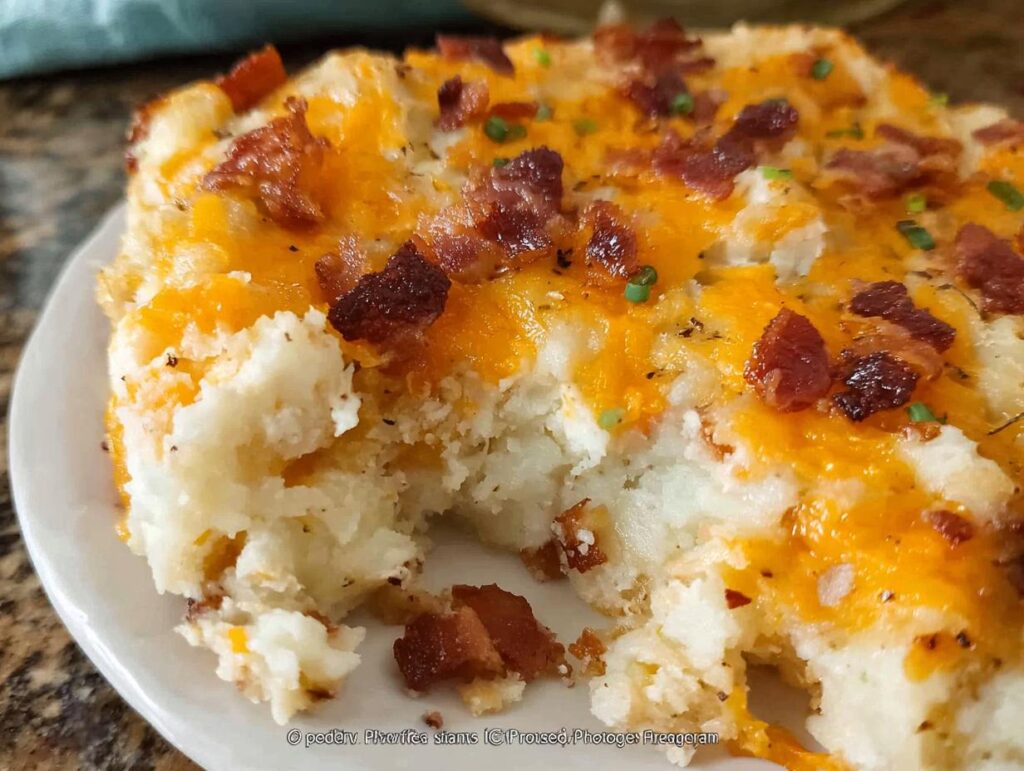 Close-up of a serving of Loaded Baked Potato Casserole topped with melted cheddar cheese, crispy bacon bits, and chives.