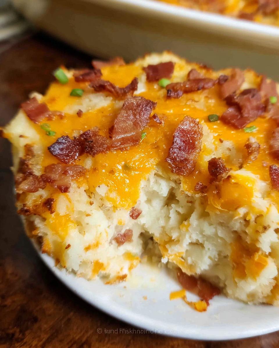 Close-up of a scoop of Loaded Baked Potato Casserole topped with melted cheddar cheese and crispy bacon bits.