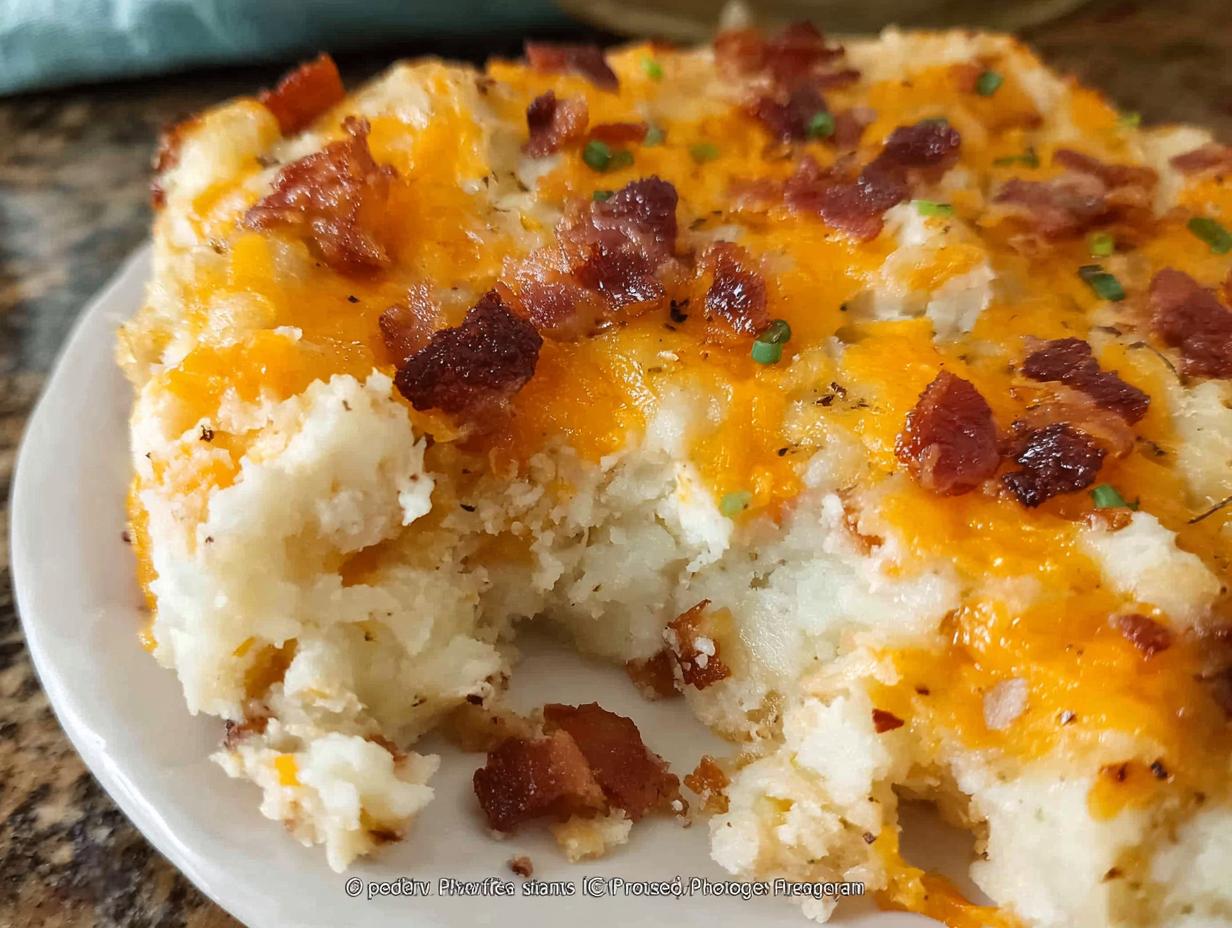 Close-up of a serving of Loaded Baked Potato Casserole topped with melted cheddar cheese, crispy bacon bits, and chives.
