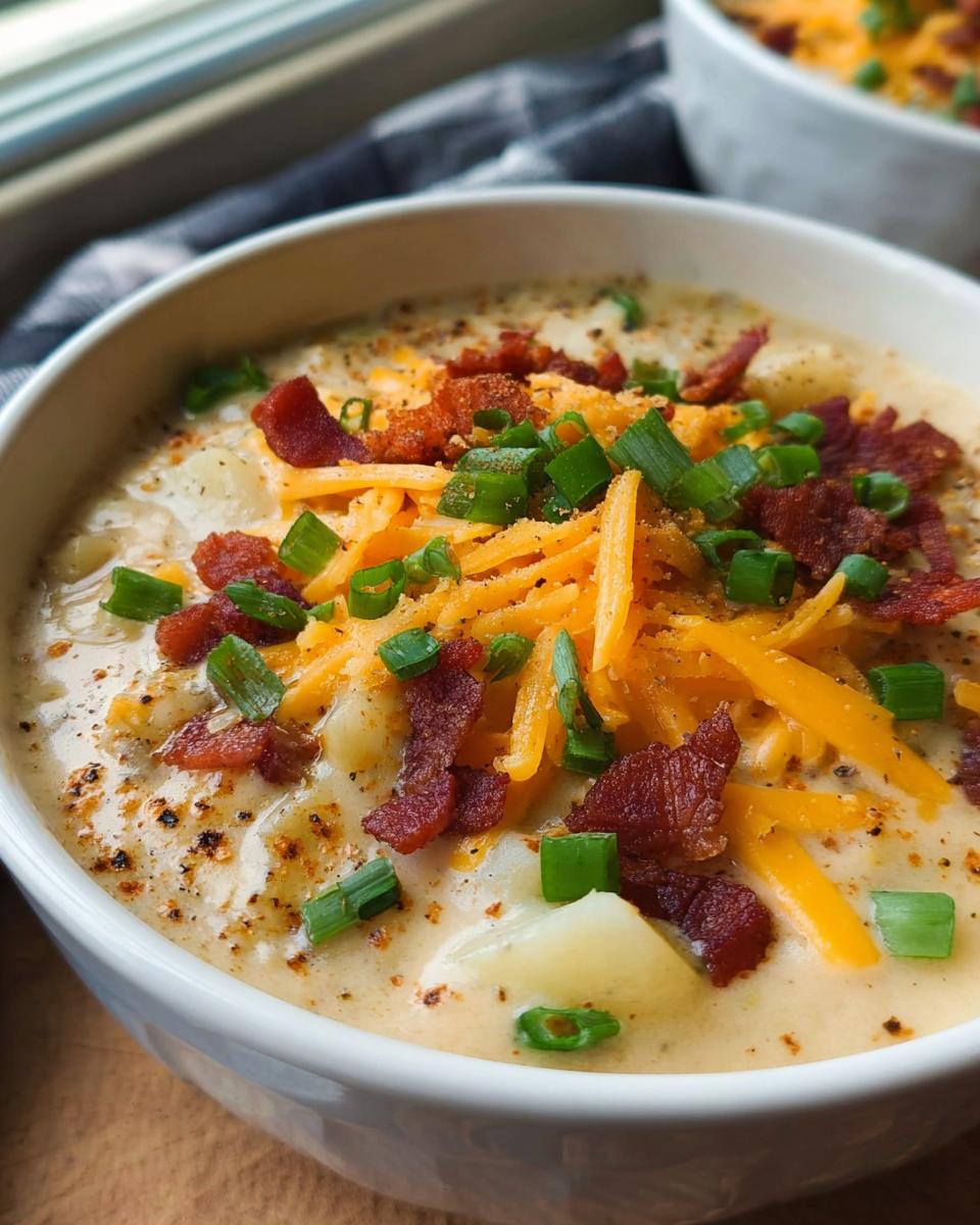 Close-up of a bowl of creamy Loaded Baked Potato Soup with Bacon and Cheese, topped with shredded cheddar and green onions.