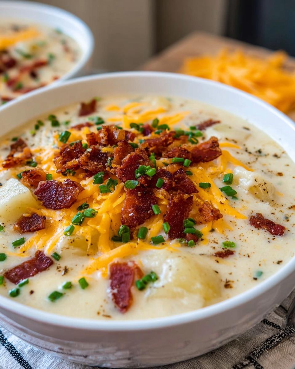 A close-up of a bowl of creamy Loaded Baked Potato Soup with Bacon and Cheese, topped with shredded cheddar and chives.