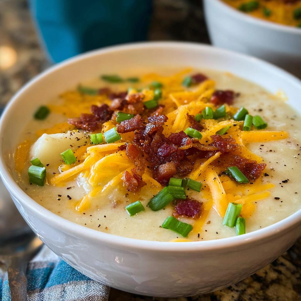 A close-up of a bowl of creamy Loaded Baked Potato Soup with Bacon and Cheese, topped with shredded cheddar and green onions.