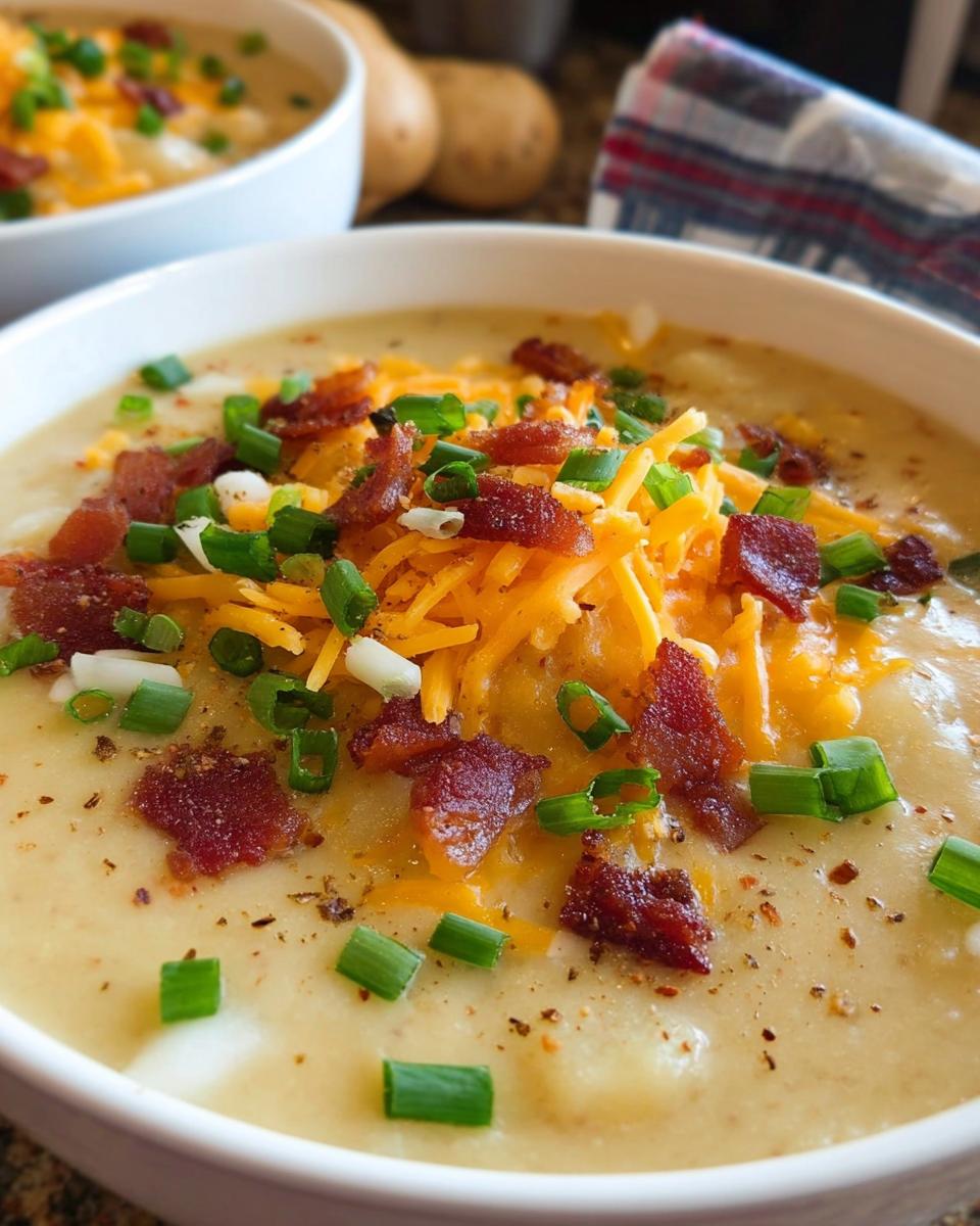 Close-up of a bowl of creamy Loaded Baked Potato Soup with Bacon and Cheese, topped with shredded cheddar and green onions.