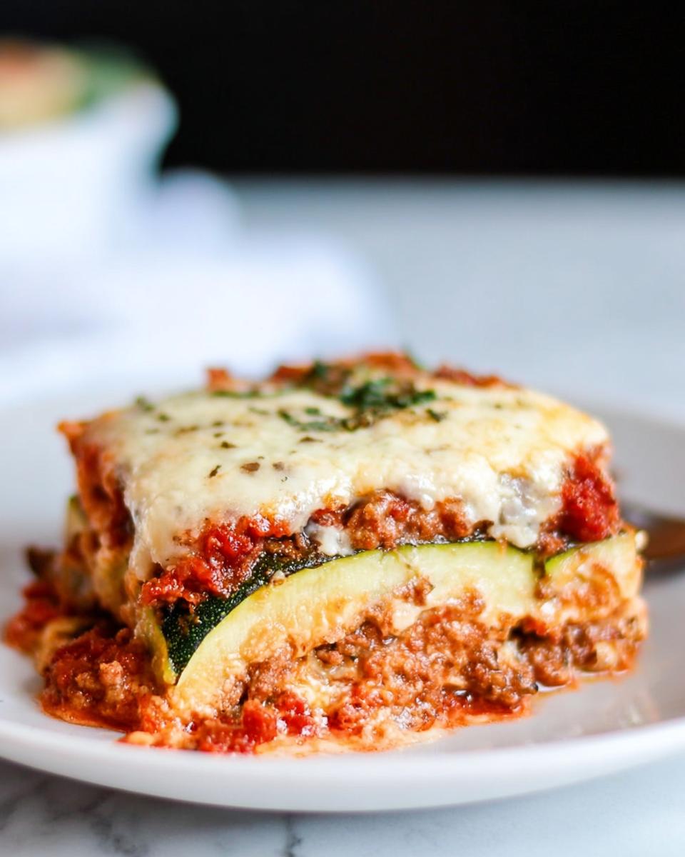 A close-up serving of Low Carb Zucchini Noodle Lasagna with melted cheese and meat sauce.